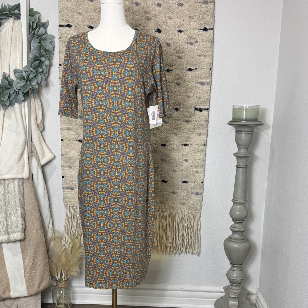 NWT LuLaRoe Julia Blue and Orange Geometric Midi Dress size L